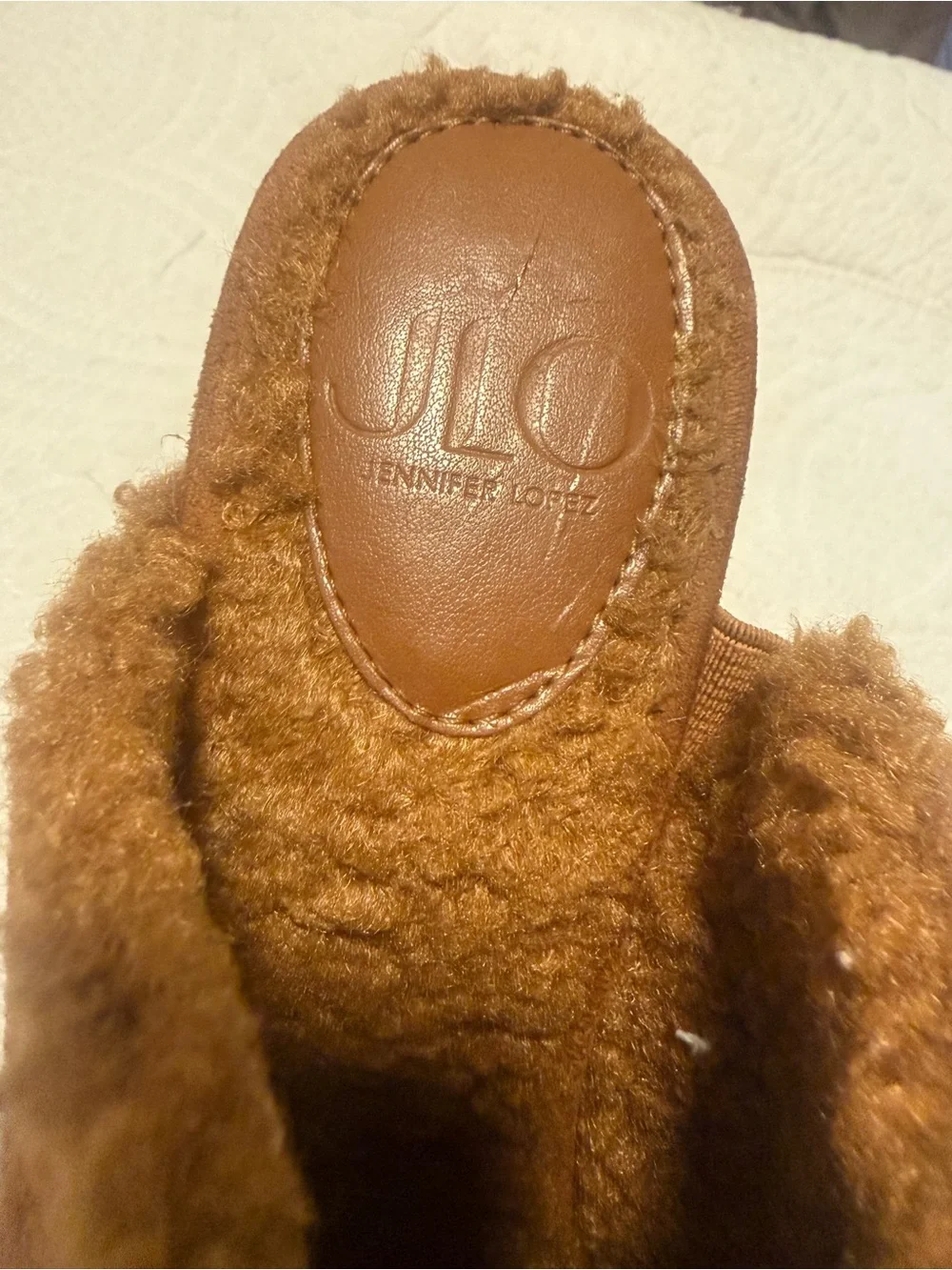 JLO Jennifer Lopez Faux Suede Fur Lined Mule Heels Platform Clogs Brown Size 7.5